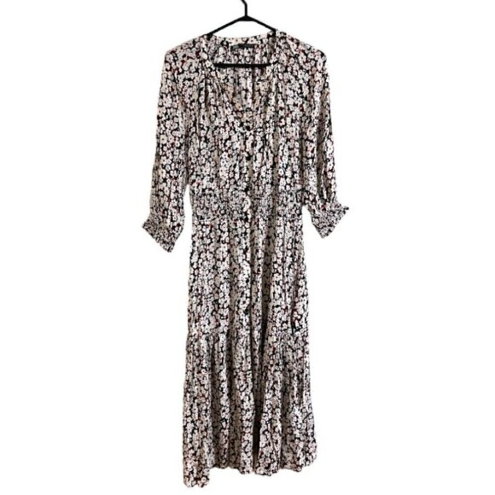 Zara Women's Multi Florals 3/4 Sleeve Long V-Neck Midi Dress